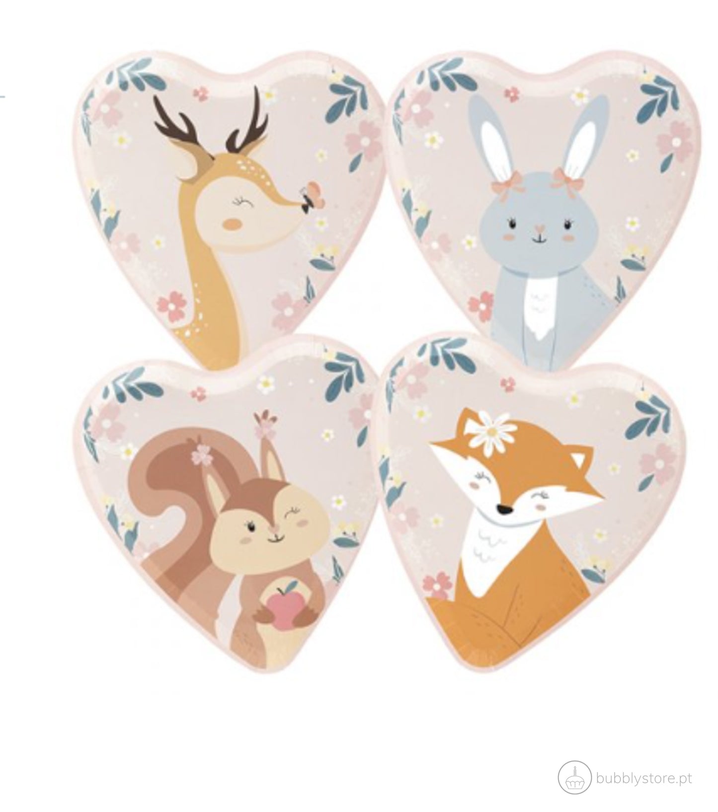 Pratos da temática Animais Floresta, com a medida de 17 x 18cm.
Cada embalagem contém 8 pratos.