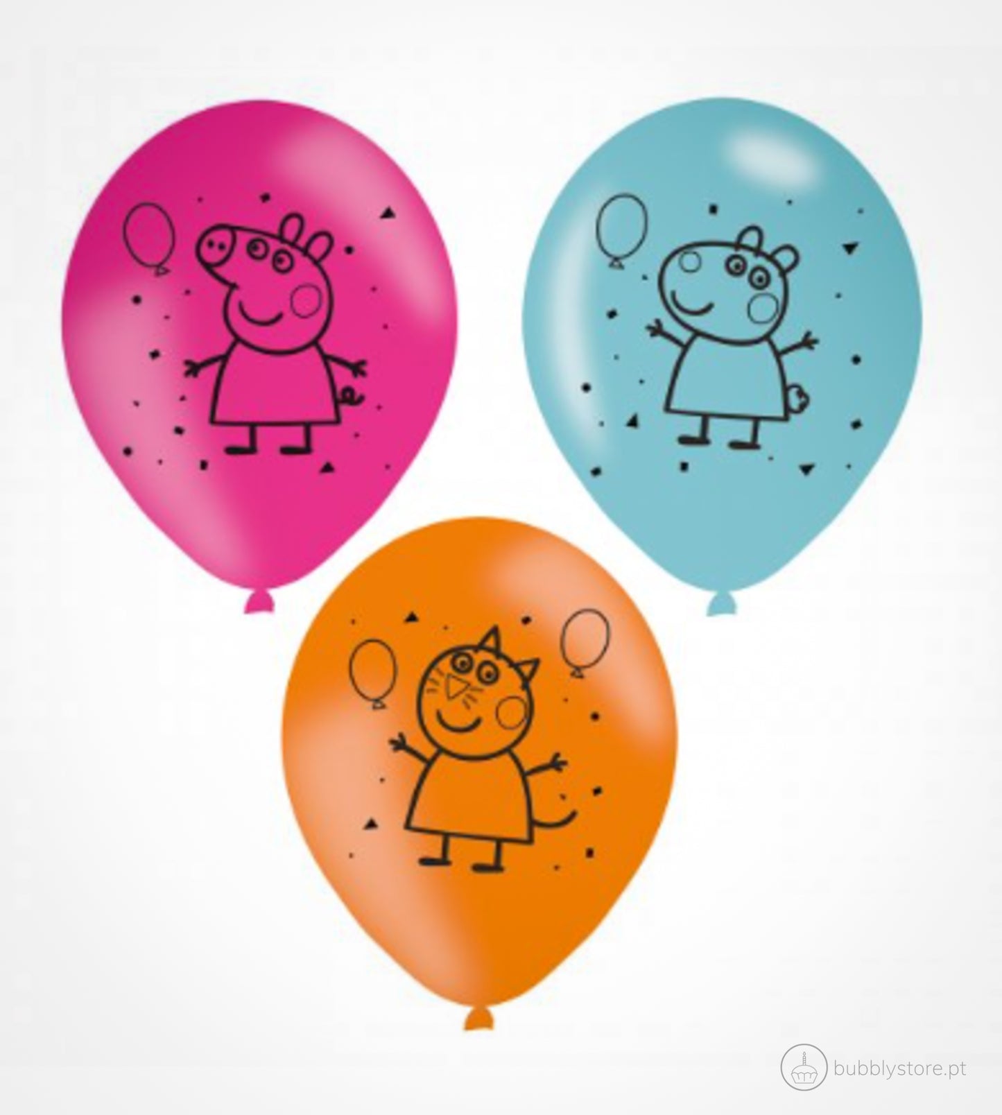 Conjunto de balões de látex da Porquinha Peppa, com a medida de 27,5cm de diâmetro.
Cada embalagem contém 6 unidades.