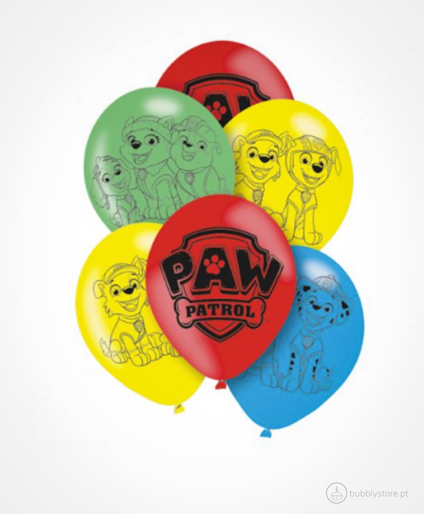 Conjunto de balões da temática Patrulha Pata, com a medida de 30cm de diâmetro.
Cada embalagem cotém 6 unidades.