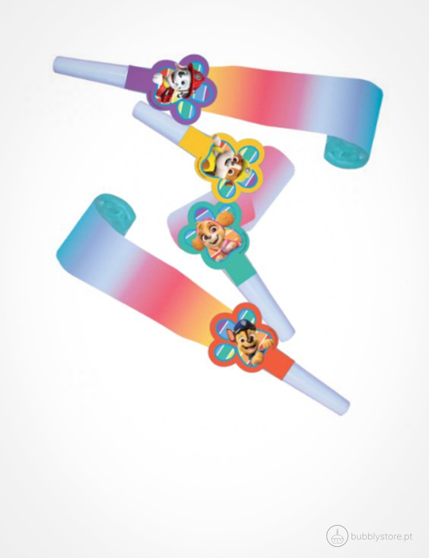 Línguas da sogra / apitos para festa de aniversário do tema Patrulha Pata.
Cada embalagem contém 8 unidades.