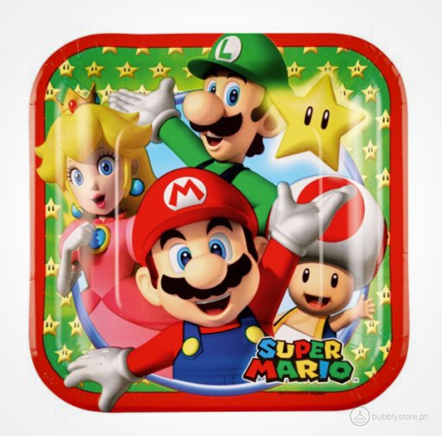 Pratos para festa de aniversário do tema Super Mario, com 18 x 18cm.
Cada embalagem contém 8 pratos.