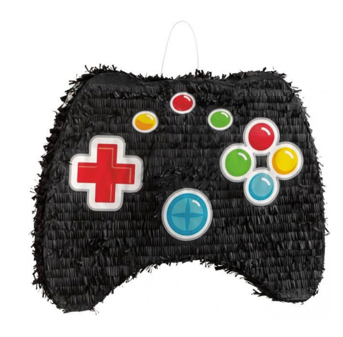 Pinhata em forma de Comando de Consola de Videojogos, com 50 x 40 cm.Preparada para encher de doces e pendurar.