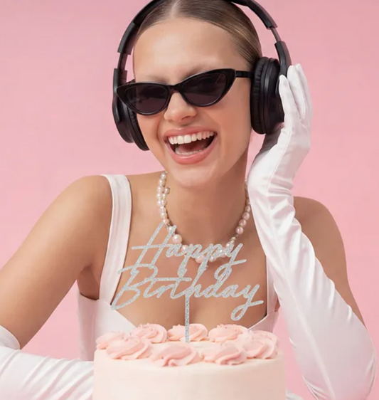 Topo Bolo Happy Birthday Prateado com Gliter