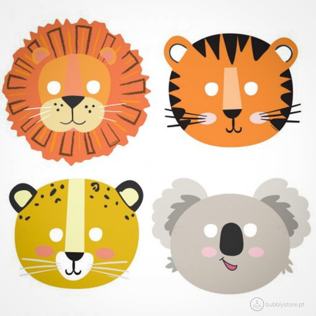 Conjunto de máscaras da temática Safari em 4 designs diferentes.
Cada embalagem contém 8 unidades.