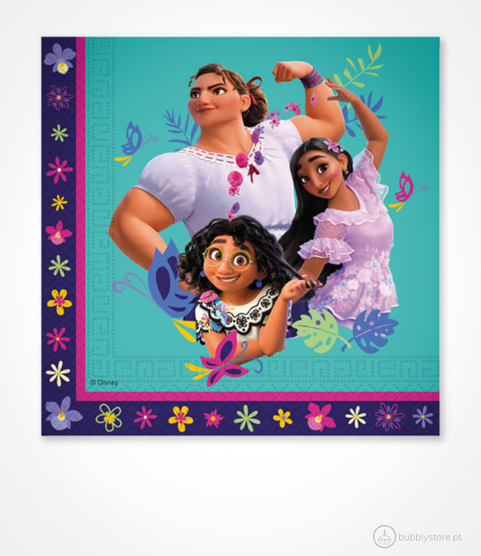 Guardanapos da temática Encanto, com a medida de 33 x 33cm.
Cada embalagem é composta por 20 unidades.