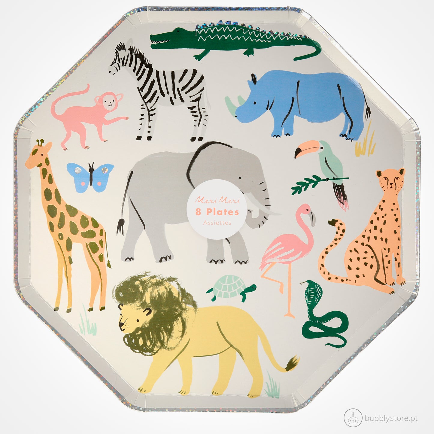 Pratos da temática Safari, com a medida de 26 x 26cm. Cada embalagem é composta por 8 unidades.