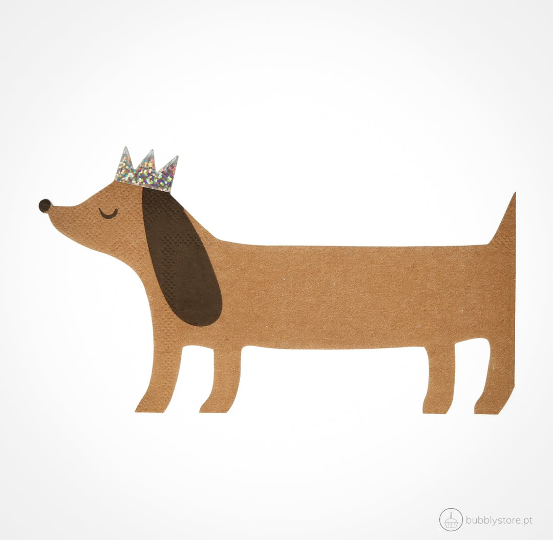 Guardanapos com formato de cão salsicha, com a medida de 20 x 11,4 cm.
Cada embalagem é composta por 16 unidades.