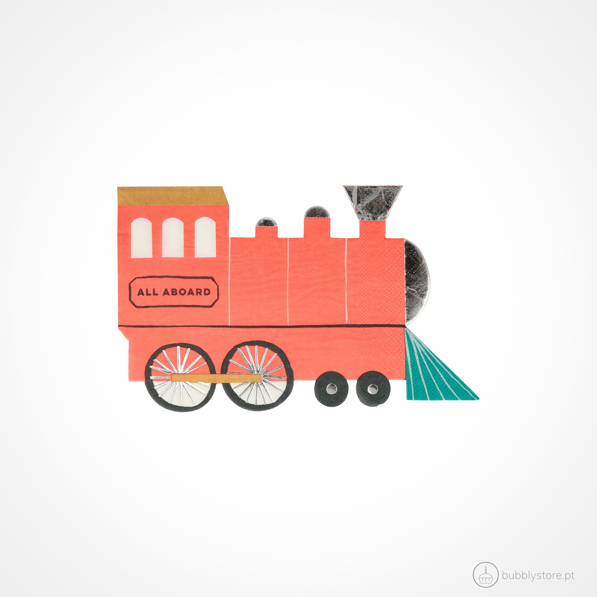 Guardanapos em forma de comboio, com a medida de 19,7 x 12,1cm. Cada embalagem é composta por 16 unidades.