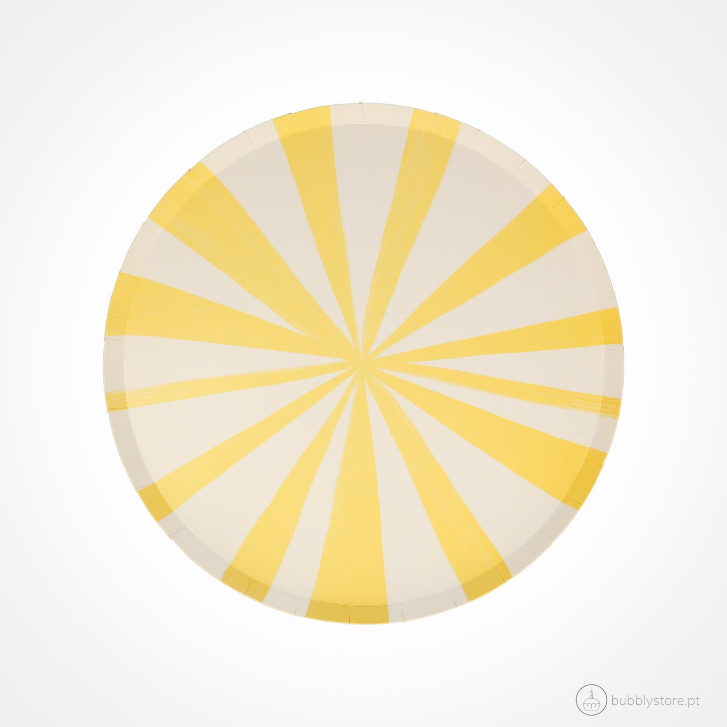 Pratos com riscas amarelas e brancas, com a diâmetro de 21,6cm. Cada embalagem contém 8 unidades.