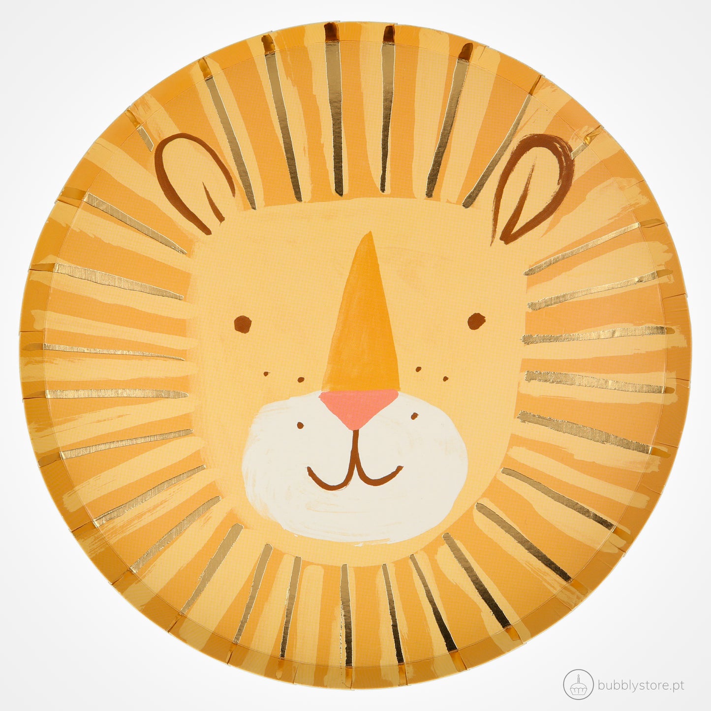 Pratos com estampa de leão, com a medida de 21,6 x 21,6 x 0,6cm. Cada embalagem é composta por 8 unidades.