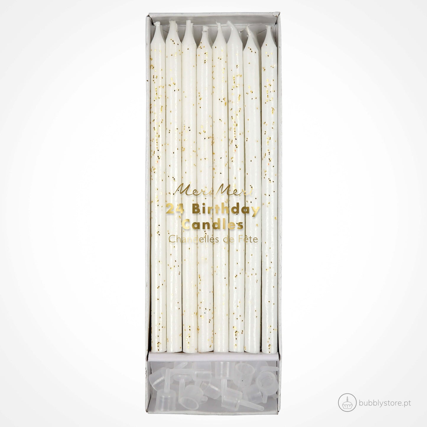Velas de aniversário altas brancas com glitter dourado, com altura 14,6cm. Cada embalagem contém 24 unidades e respectivos suportes.