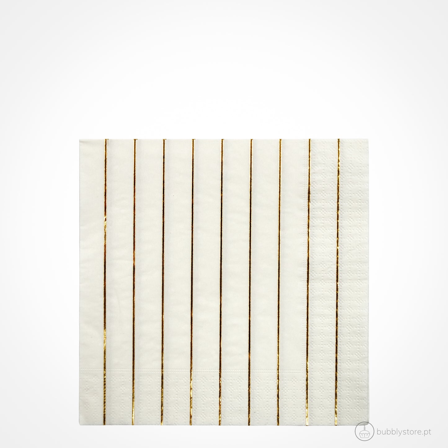 Guardanapos brancos com riscas douradas,com a medida de 165 x 165 mm. Disponíveis em embalagens de 16 unidades.