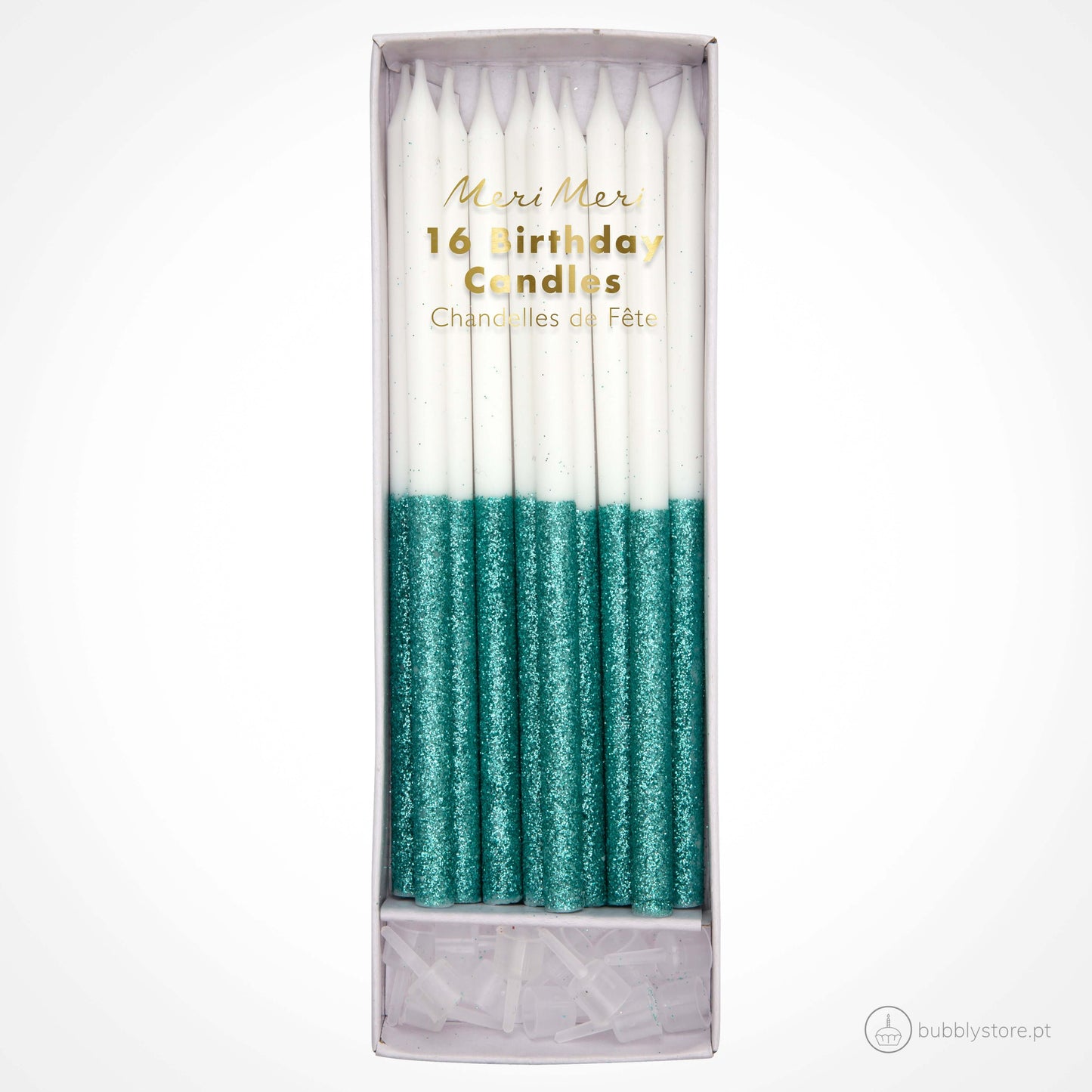 Velas de aniversário altas brancas com glitter verde, com altura 14,6cm. Cada embalagem contém 16 unidades e respectivos suportes.