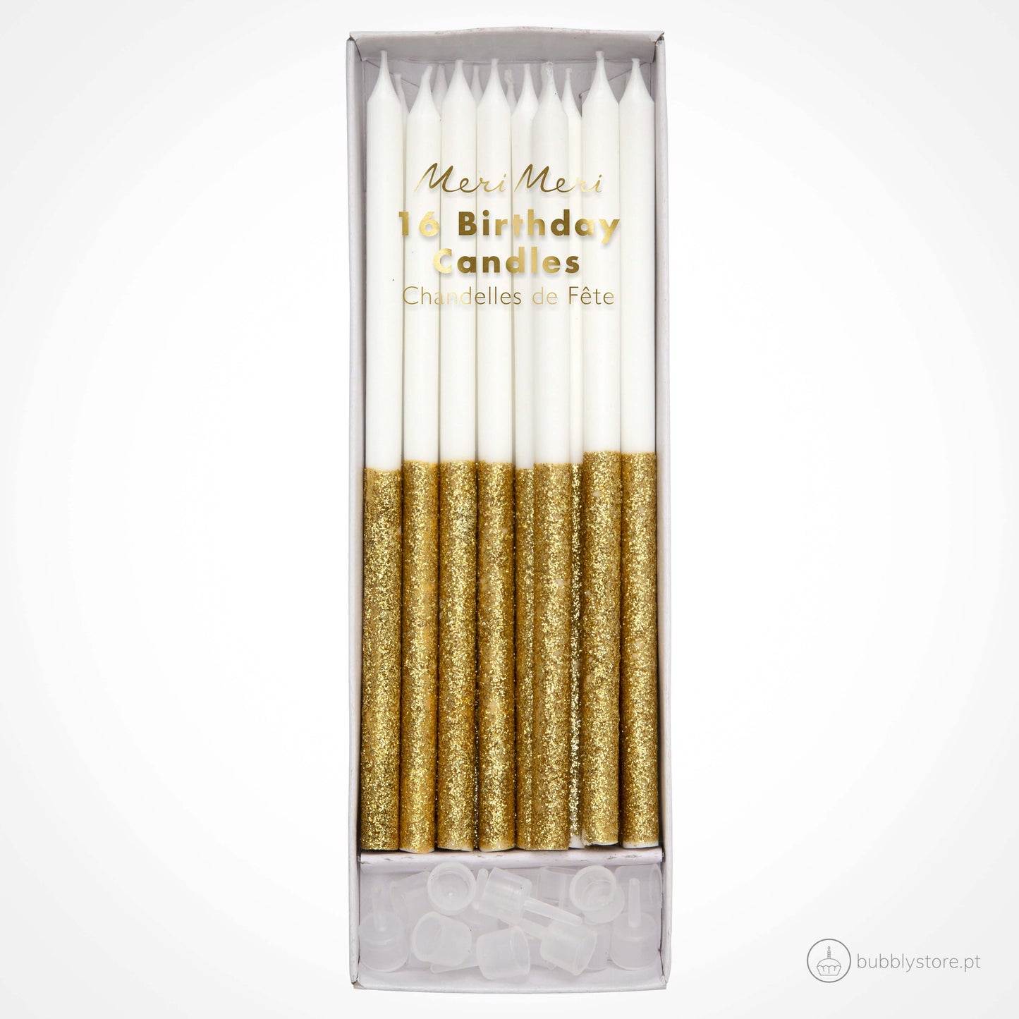 Velas de aniversário altas brancas com glitter dourado, com altura 14,6cm. Cada embalagem contém 16 unidades e respectivos suportes.