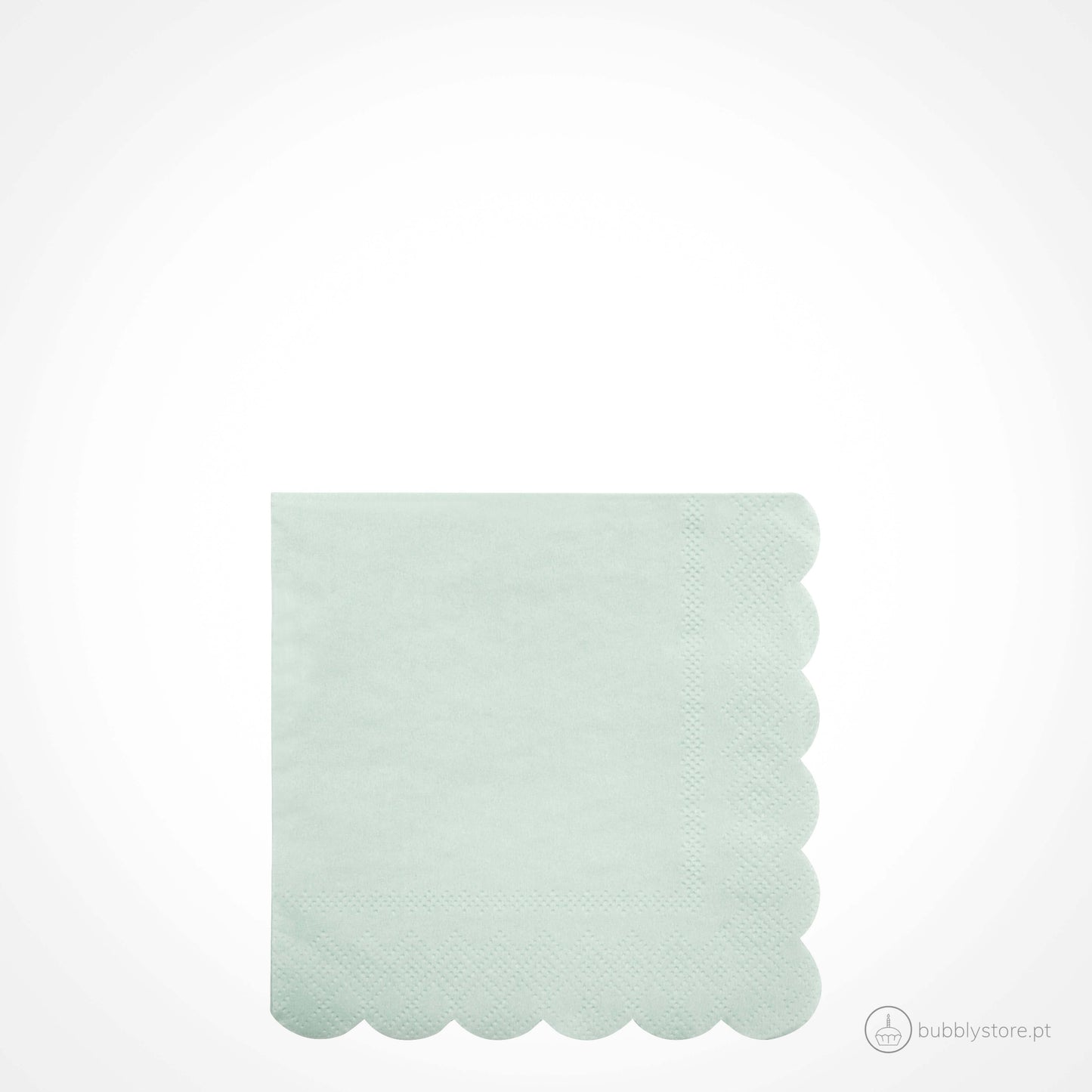 Guardanapos verde menta com folha tripla, com a medida de 127 x 127 mm. Disponíveis em embalagens de 20 unidades.