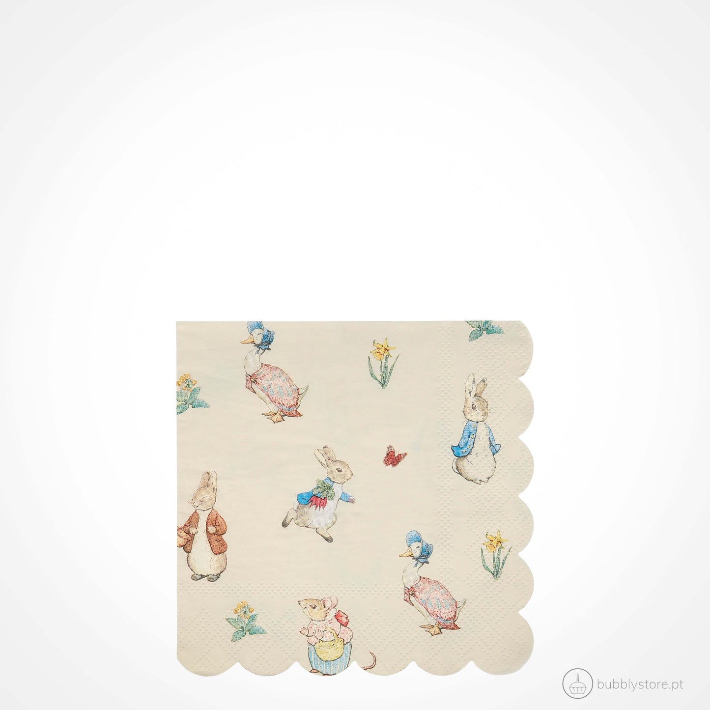 Guardanapos com estampa do Peter Rabbit e amigos,com a medida de 127 x 127 mm. Disponíveis em embalagens de 20 unidades.