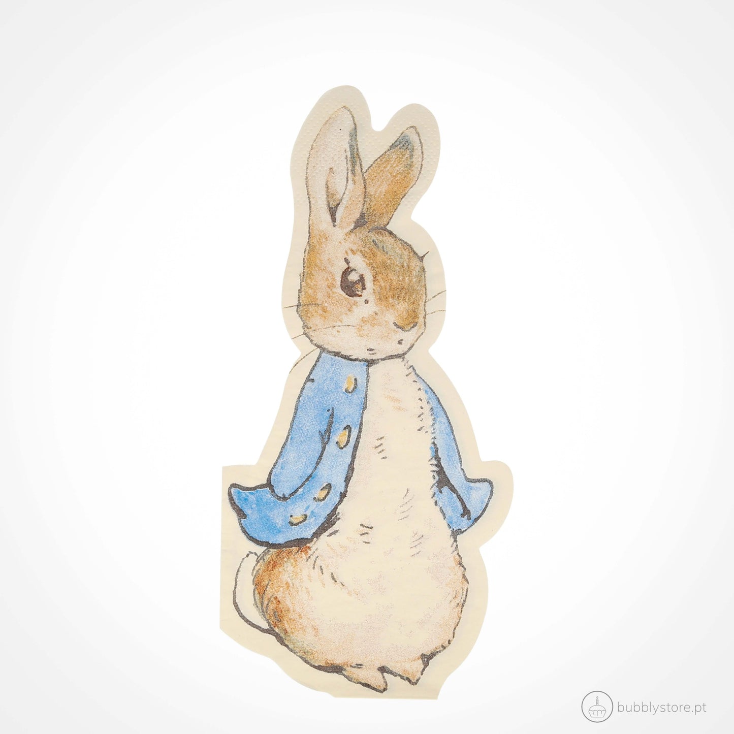Guardanapos com forma do Peter Rabbit,com a medida de 92 x 200 mm. Disponíveis em embalagens de 20 unidades.
