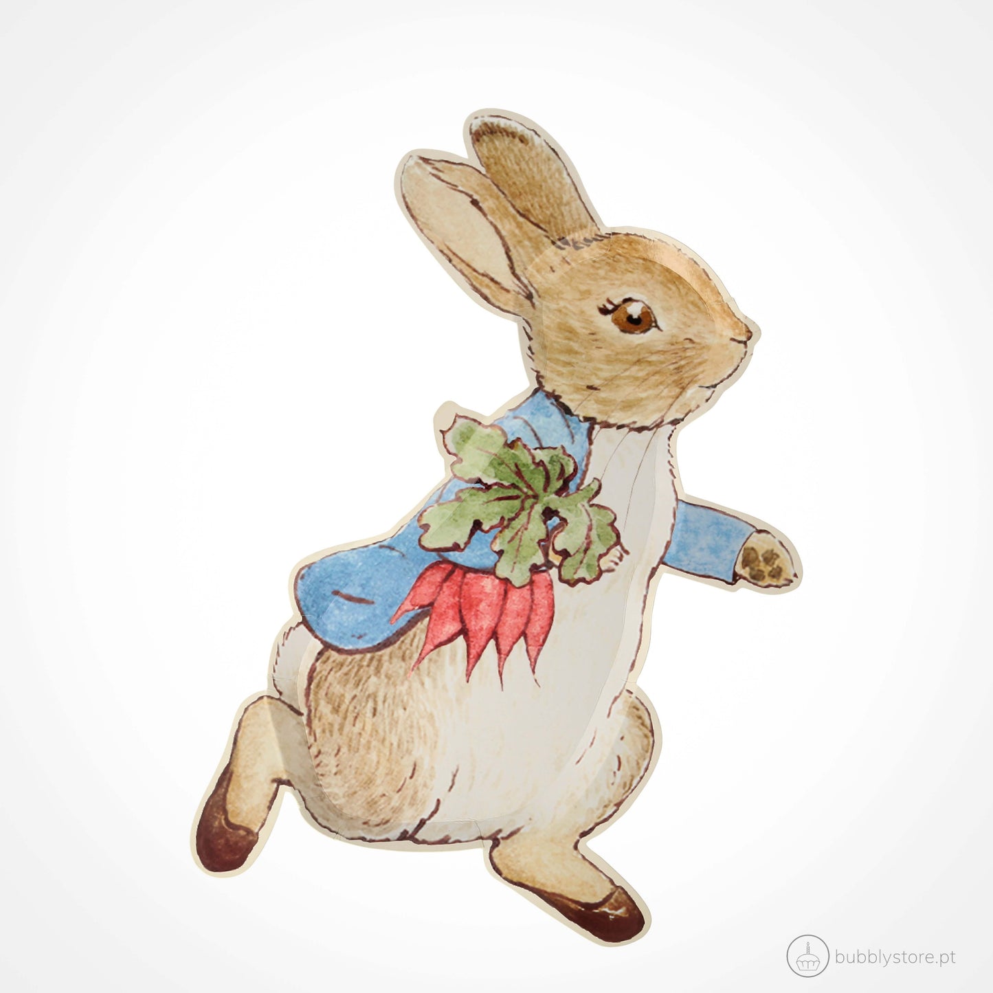 Pratos com a forma de Peter Rabbit, com a medida de 229 x 305 mm. Disponíveis em conjuntos de 12 unidades.