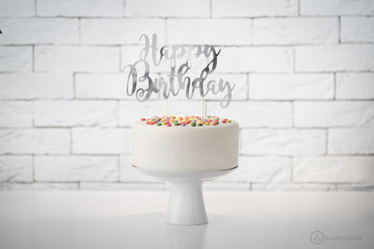 Topo de Bolo Happy Birthday Prateado