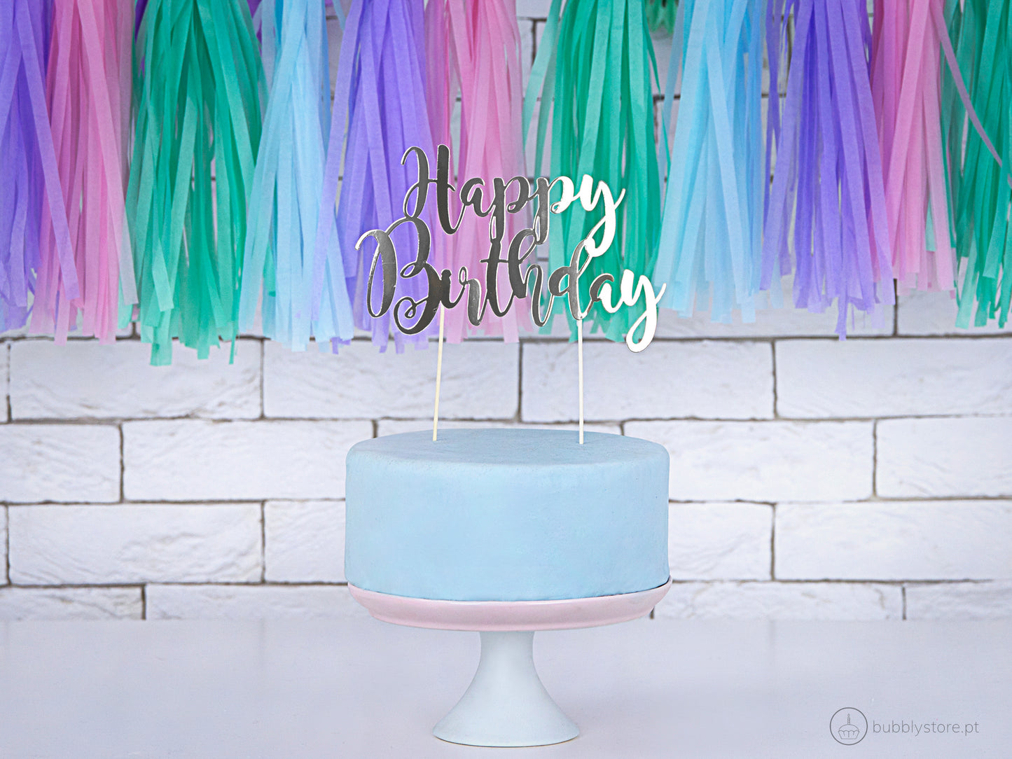 Topo de Bolo Happy Birthday Prateado