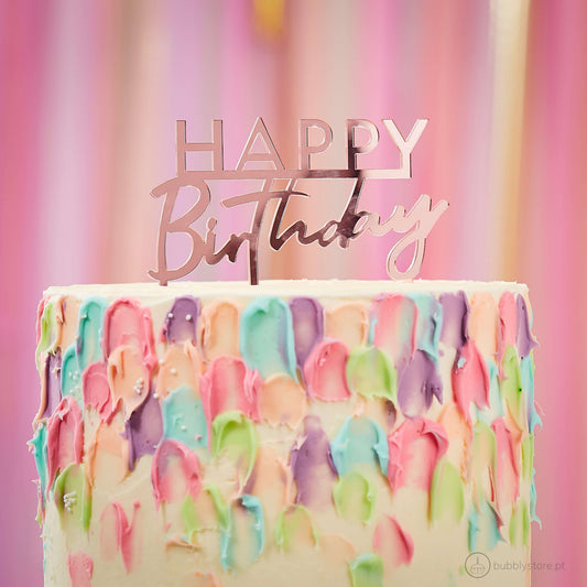 Topo de Bolo Happy Birthday Rose Gold