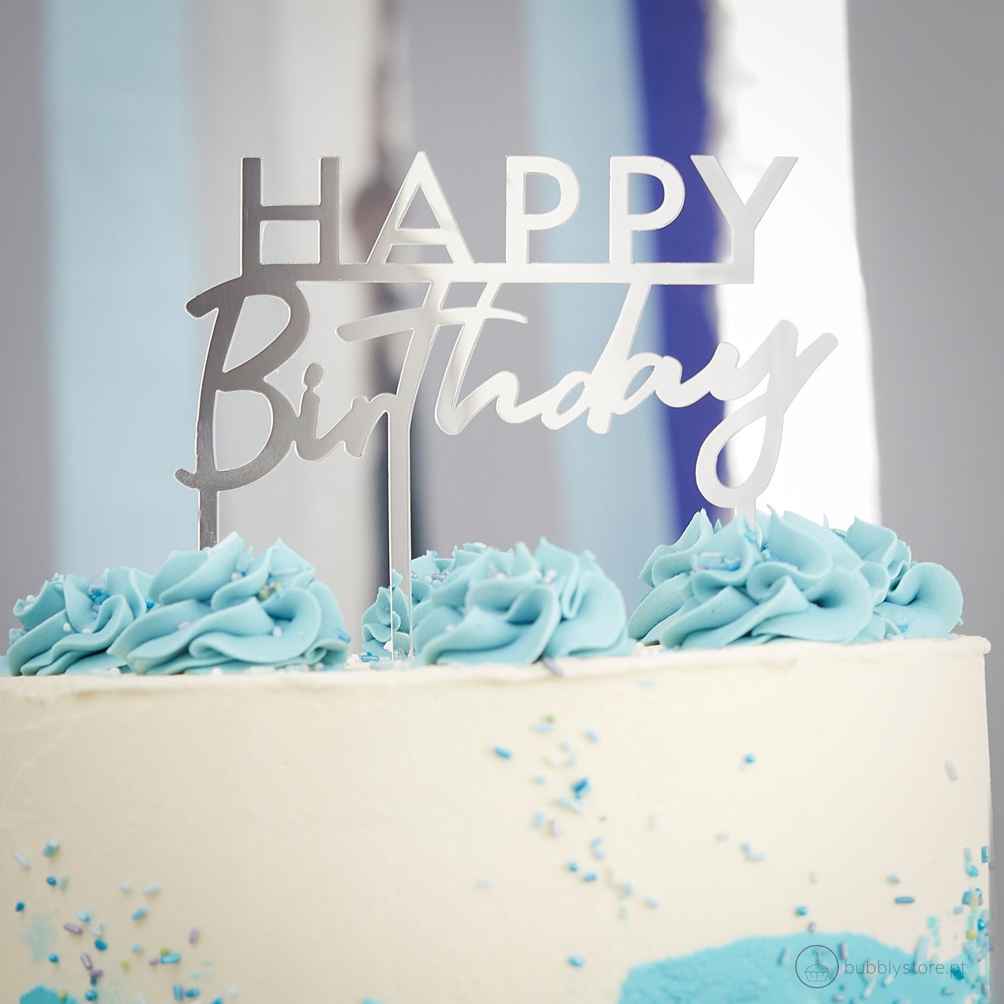 Topo de Bolo Happy Birthday Prateado