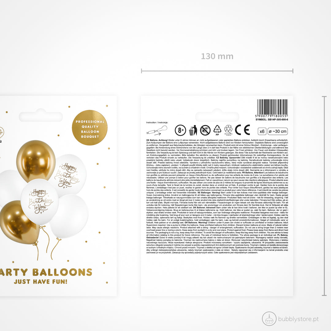 Set de cumpleaños con globos en blanco puro y dorado.