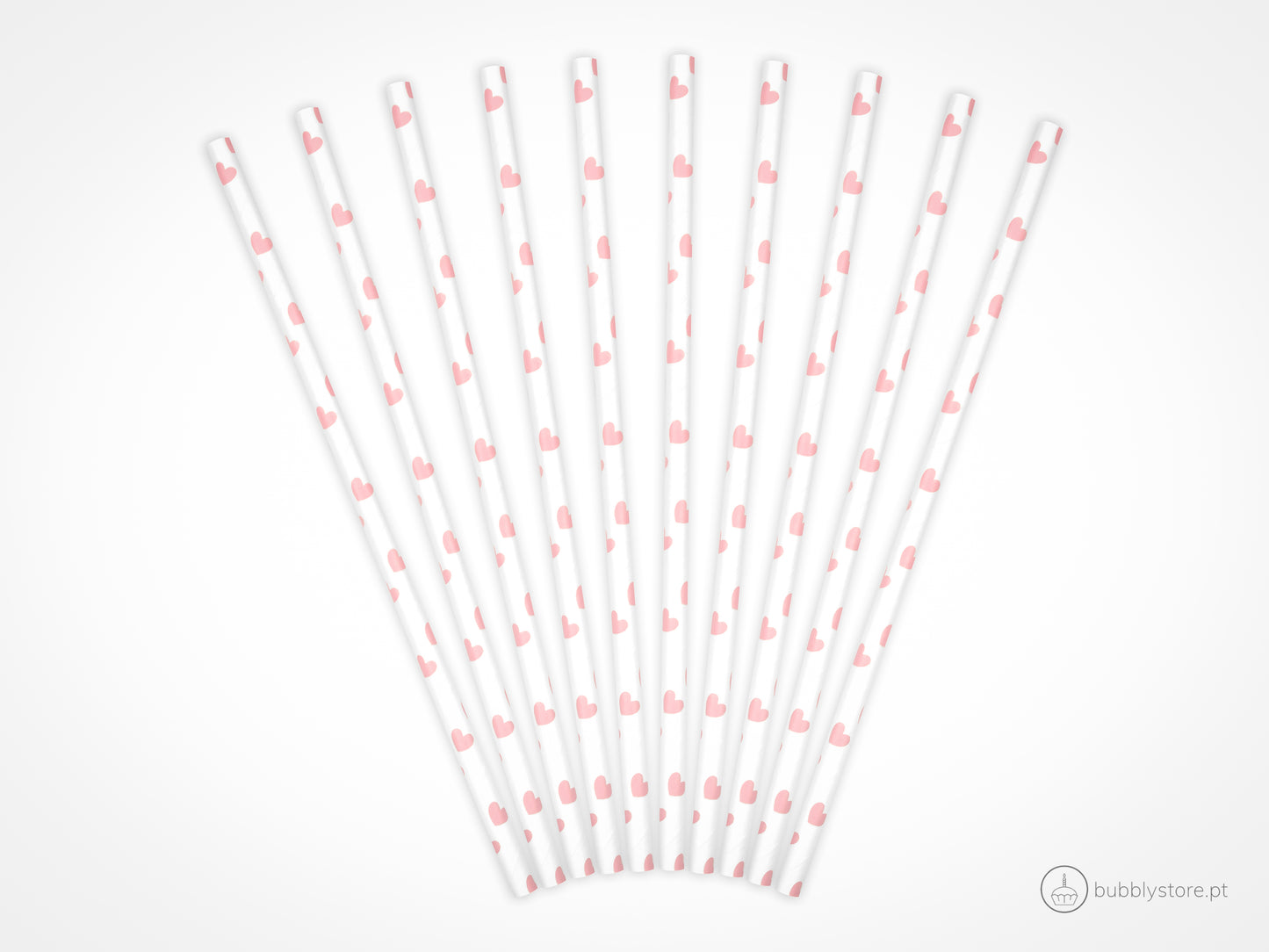 Palhinhas de papel brancas com corações rosa, com a altura de 19,5 cm. Cada embalagem é composta por 10 unidades.