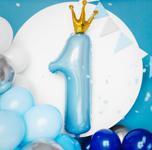Balão Número 1 Azul Claro c/ Coroa Dourada - Bubbly