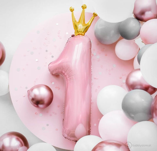 Balão Número 1 Rosa Claro c/ Coroa Dourada - Bubbly