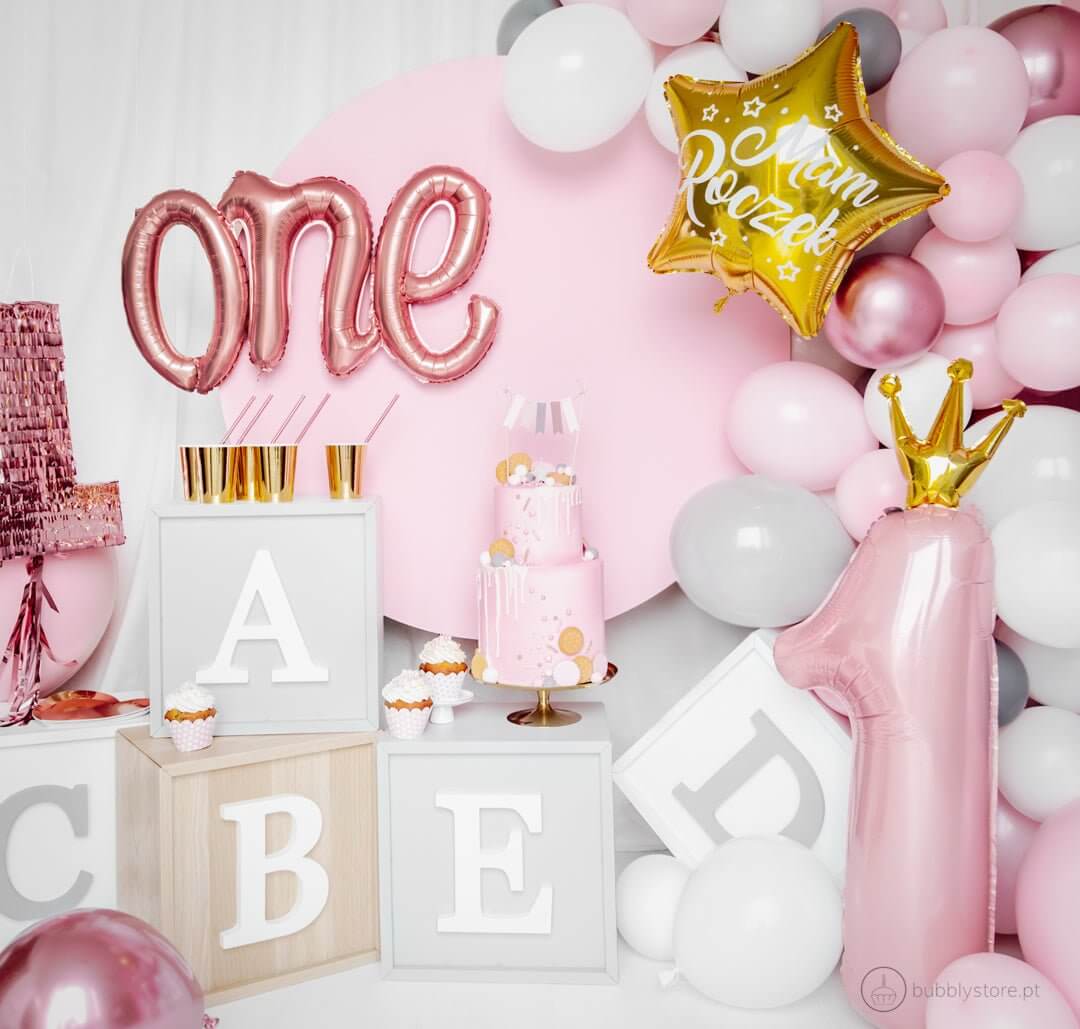 Balão Número 1 Rosa Claro c/ Coroa Dourada - Bubbly