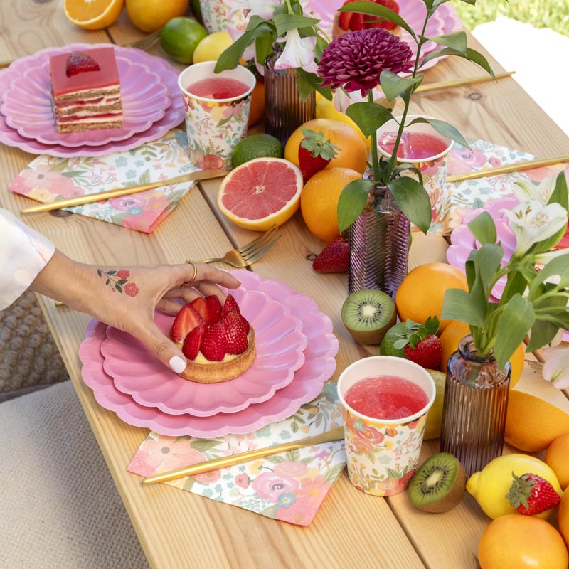 Pratos Florais Rosa Pastel, mesa decorada