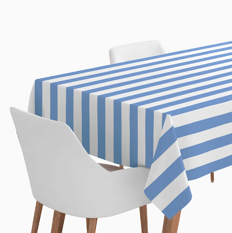 Toalha de Mesa Happy Vibes Riscas Azul e Branco 1,20x1,80m