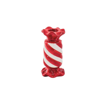 Castiçal vermelho em cerâmica em forma de rebuçado.