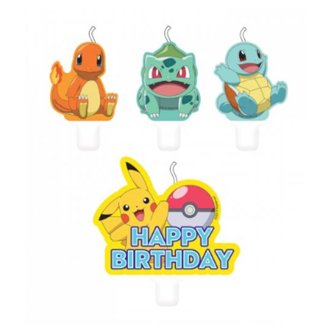 Velas de aniversário da temática Pokémon.
Cada embalagem contém 4 unidades com 4 designs diferentes.