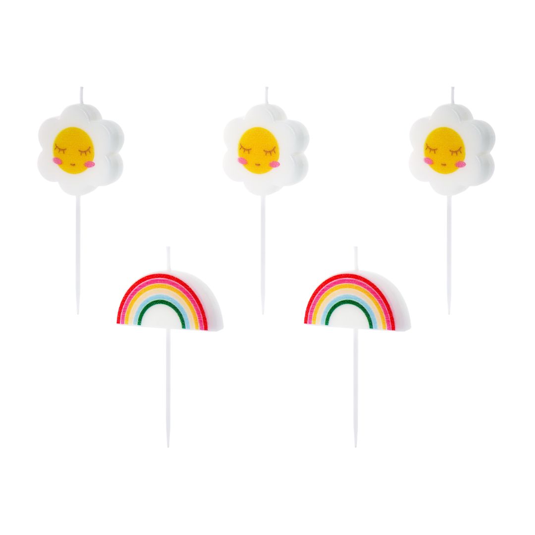 Velas de aniversário em forma de Arco - Íris e Flor, com altura 2cm. Cada embalagem contém 5 unidades.