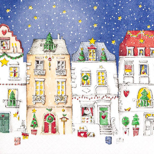 Guardanapo de Natal com vila colorida e estrelas – 33×33 cm