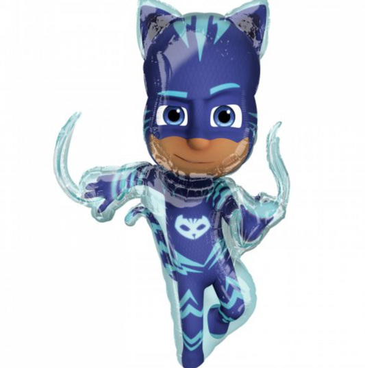 Balão PJ Masks com a figura do Catboy, para festa ou aniversário, com 53x93cm após enchimento.