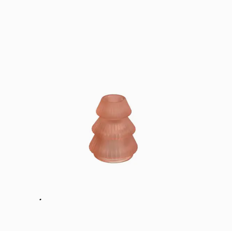 Castiçal rosa em forma de árvore, em vidro fosco, para mesa festiva.