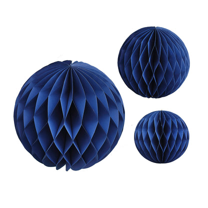 Conjunto de 3 bolas de papel azuis para decoração de festa, com a medida de 15, 20 e 30cm.