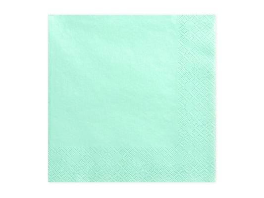 Guardanapos verde menta, com  a medida de 33 x 33cm.
Cada embalagem contém 20 unidades.