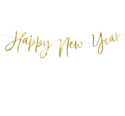 Grinalda para festa de ano novo / passagem de ano com a inscrição "Happy New Year" dourada.
Cada embalagem contém uma grinalda com 2m.