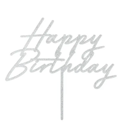 Topo Bolo Happy Birthday Prateado com Gliter