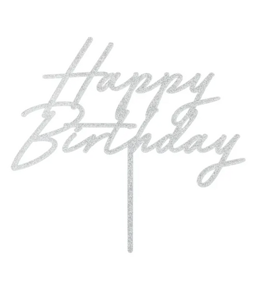 Topo Bolo Happy Birthday Prateado com Gliter