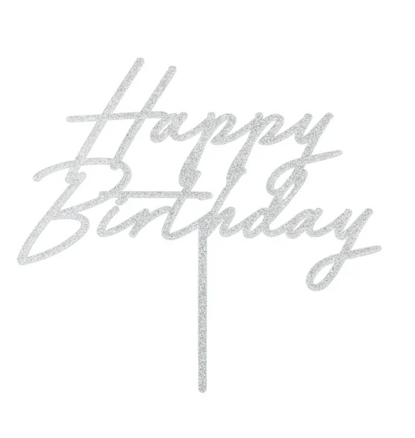 Topo Bolo Happy Birthday Prateado com Gliter