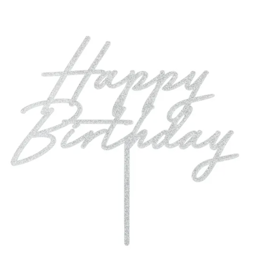 Topo Bolo Happy Birthday Prateado com Gliter