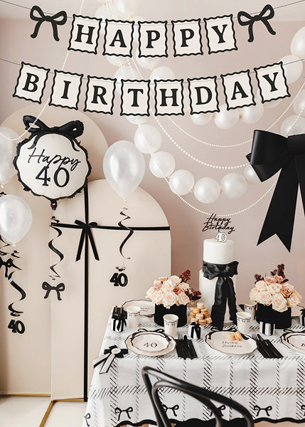 Grinalda Happy Birthday Laços Creme e Preto ambiente