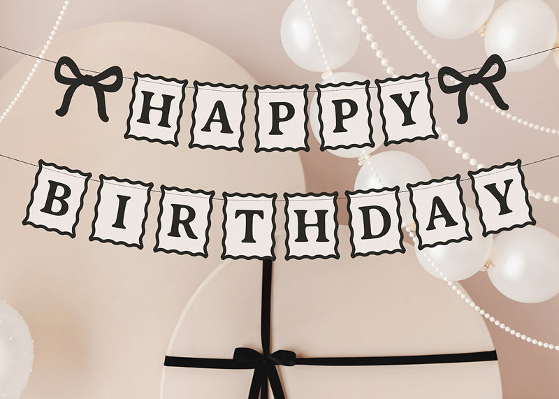 Grinalda Happy Birthday Laços Creme e Preto embalagem