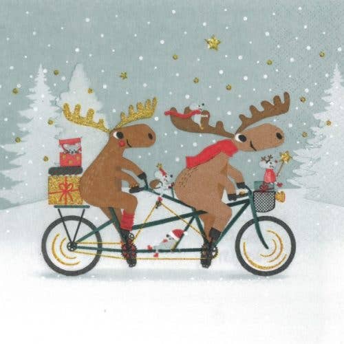 Guardanapos natal com ilustração de alces a pedalar uma bicicleta 33x33 cm