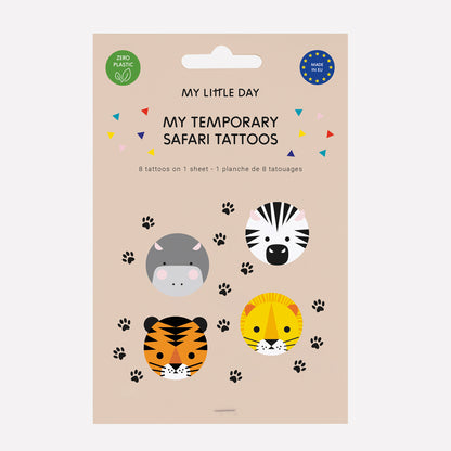 Tatuagens de festa de criança da temática Safari / Animais da Selva.
Cada embalagem contém 8 tatuagens.